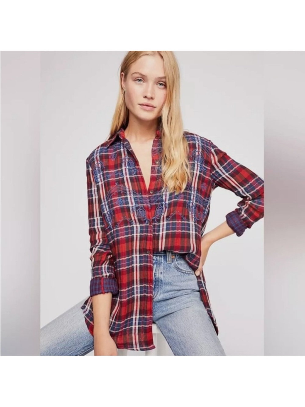 Free People Magical Ebroidered Button Down Red and Blue Plaid Shirt - Picture 11 of 13